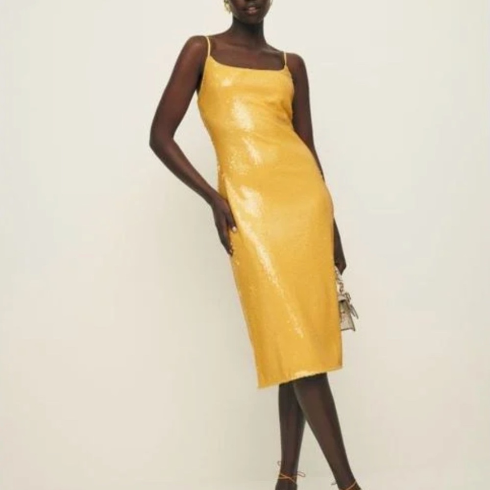 Reformation 'Mariska' Sequin Dress in Yellow Ochre (NWT)
